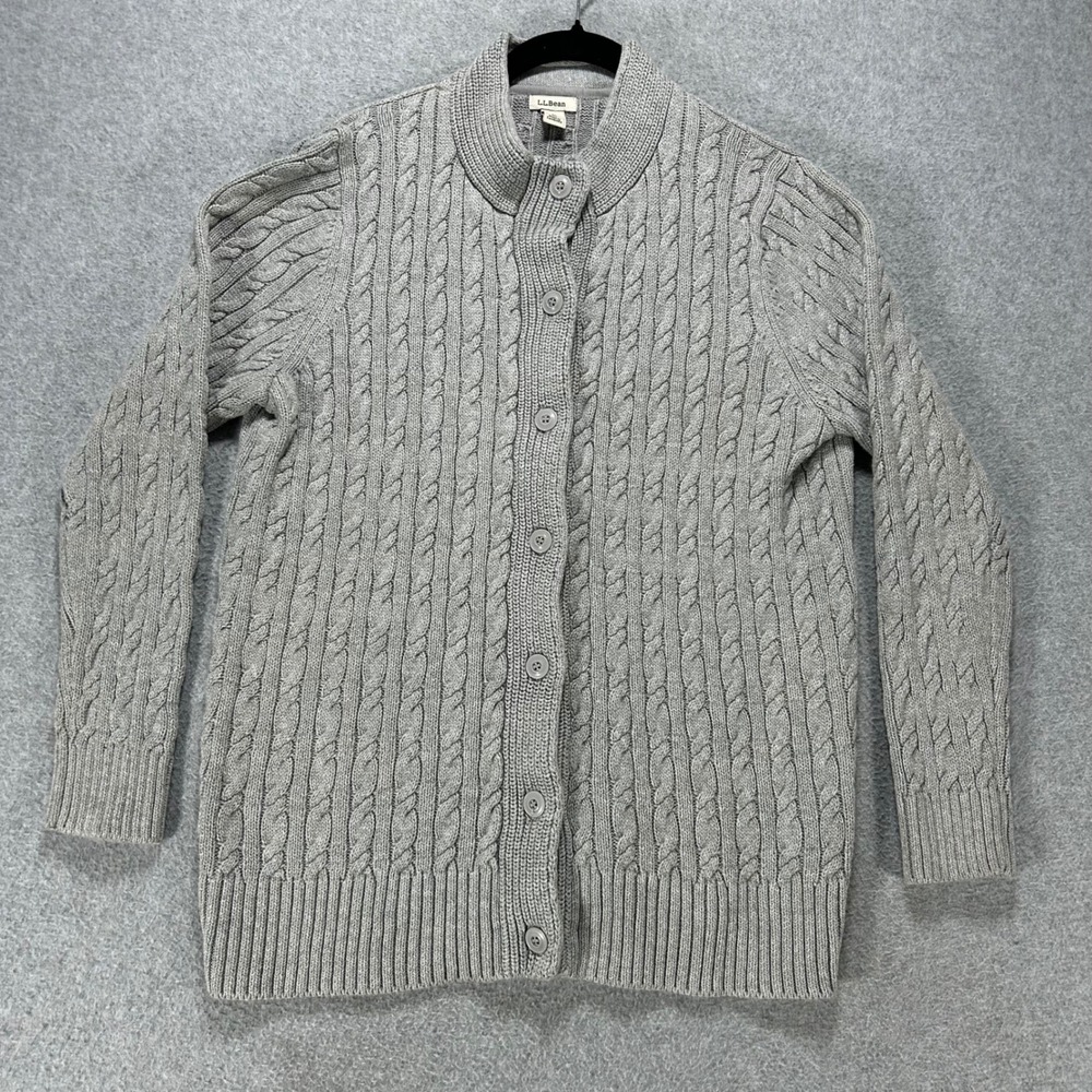 L.L.Bean Cardigan Sweater Womens M Pet Grey Cable Knit Preppy Classic